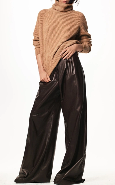Shop Nili Lotan Nico Leather Wide-leg Pant In Brown