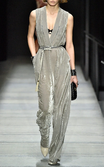Shop Bottega Veneta Wide-leg Velvet Jumpsuit In Grey