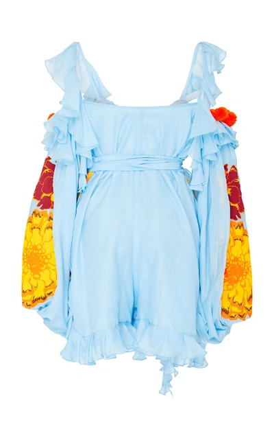 Shop Yuliya Magdych Marigold Embroidered Cotton And Silk Romper In Blue