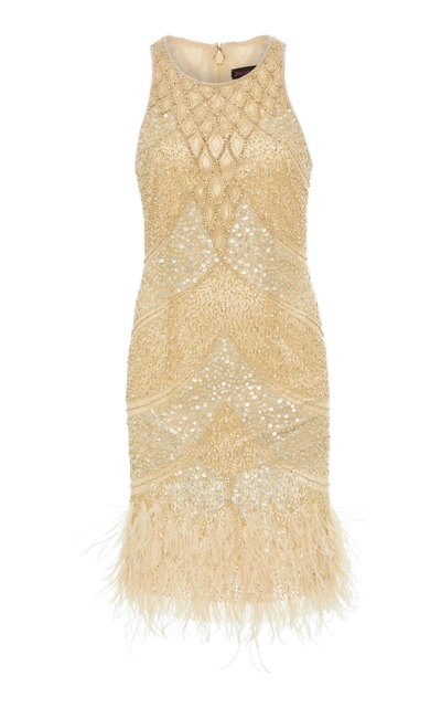 Shop Joanna Mastroianni Racer Embroidered Dress With Feathers At Hem In Gold