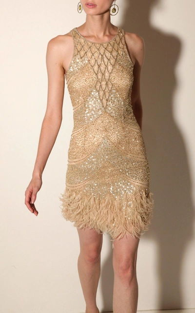 Shop Joanna Mastroianni Racer Embroidered Dress With Feathers At Hem In Gold