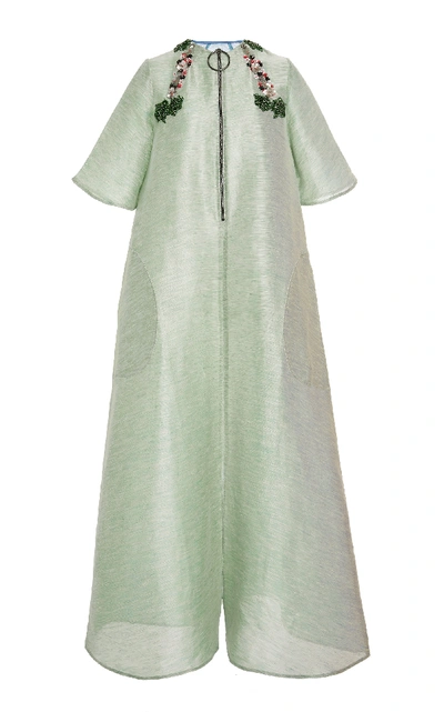 Shop Chador Embellished Linen-blend Dress In Green