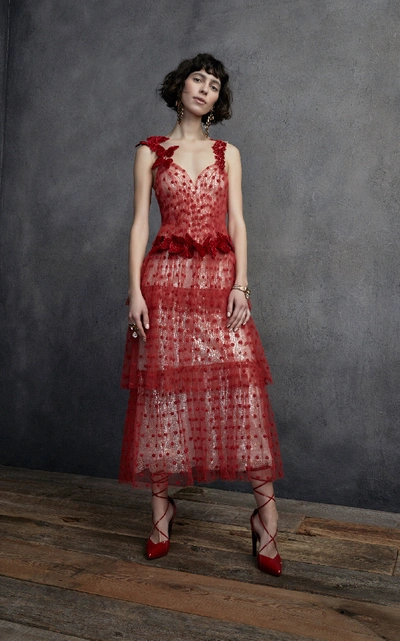 Shop Rodarte Butterfly Tiered Tulle Maxi Dress In Red
