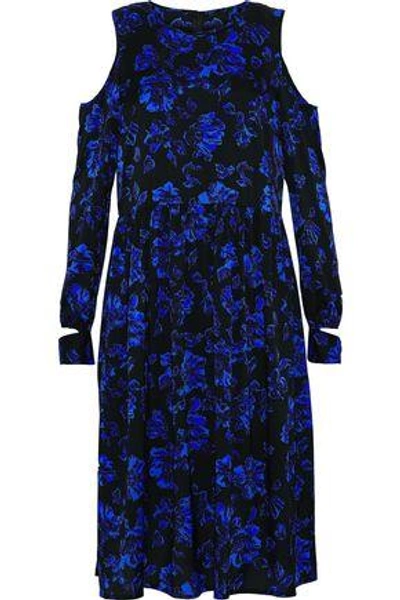 Shop Baum Und Pferdgarten Woman Mariana Cold-shoulder Floral-print Silk-blend Crepe De Chine Dress Blue