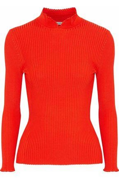 Shop Ganni Woman Crochet-trimmed Ribbed-knit Top Red