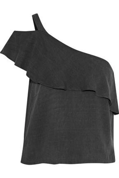 Shop Lna Woman Zellic One-shoulder Cutout Ruffled Voile Top Dark Gray