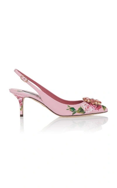 Shop Dolce & Gabbana Embellished Floral-print Leather Pumps In Pink