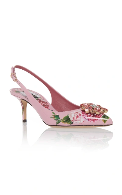 Shop Dolce & Gabbana Embellished Floral-print Leather Pumps In Pink