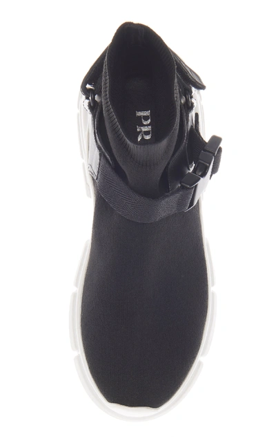 Shop Prada Buckled Rubber-trimmed Stretch-knit Sneakers In Black