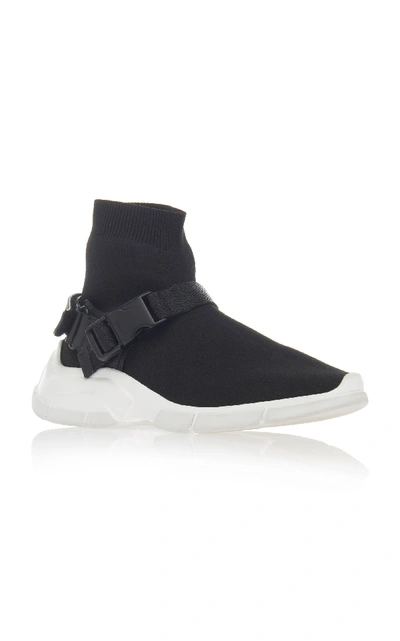 Shop Prada Buckled Rubber-trimmed Stretch-knit Sneakers In Black