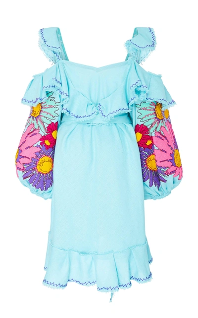 Shop Yuliya Magdych Loves Me Loves Me Not Embroidered Linen Mini Dress In Blue