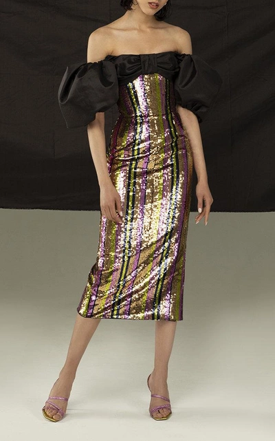 Shop Rasario Puff Sleeve Midi Dress In Stripe