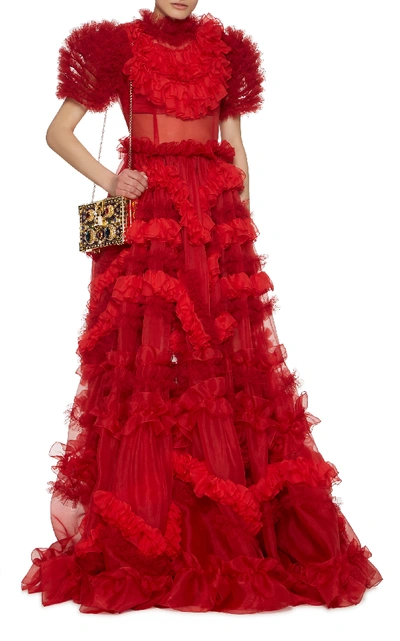 Shop Dolce & Gabbana Ruffled Silk Chiffon Gown In Red