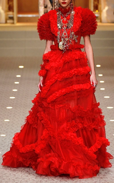 Shop Dolce & Gabbana Ruffled Silk Chiffon Gown In Red