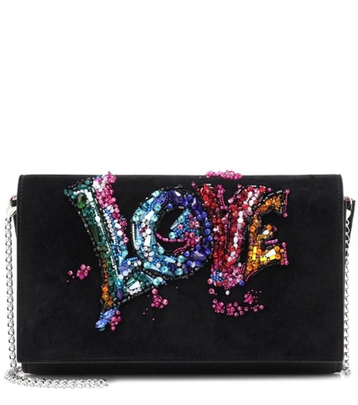 Shop Christian Louboutin Paloma Embellished Suede Clutch In Black