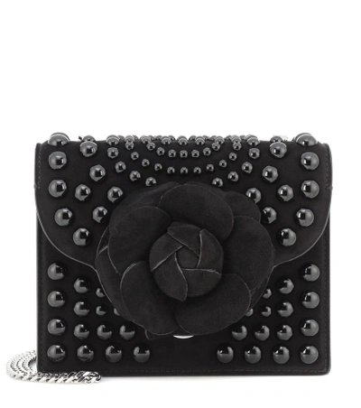 Shop Oscar De La Renta Tro Embellished Suede Shoulder Bag In Black