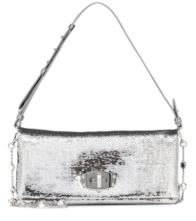 Shop Miu Miu Sequined Shoulder Bag In Silver