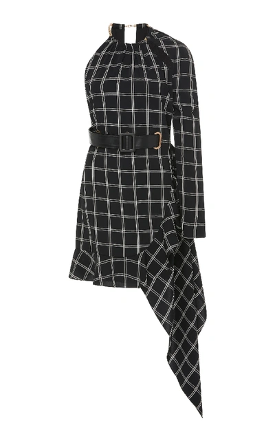 Shop Self-portrait Belted Asymmetrical Checkered Mini Dress In Plaid