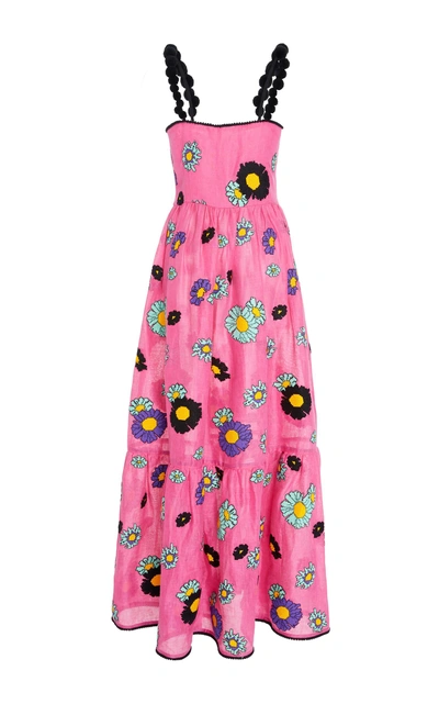 Shop Yuliya Magdych Loves Me Loves Me Embroidered Linen Maxi Sundress In Pink