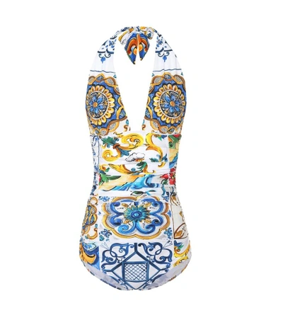 Shop Dolce & Gabbana Majolica Printed Swimsuit In Multicoloured