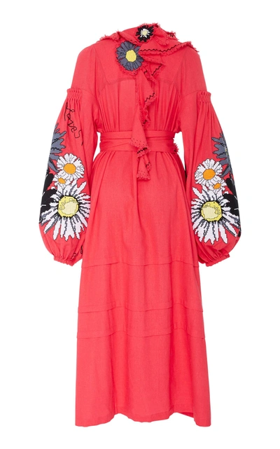 Shop Yuliya Magdych Loves Me Loves Me Not Embroidered Linen Midi Caftan In Red