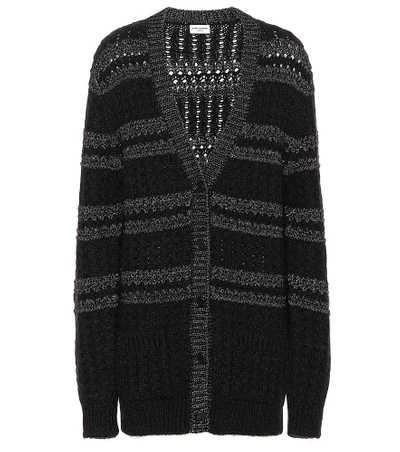 Shop Saint Laurent Metallic-knit Striped Cardigan In Black