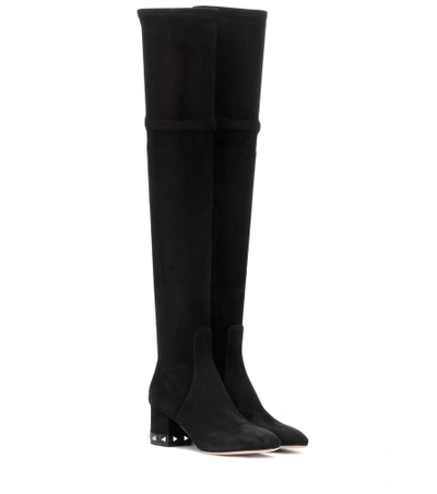 Shop Valentino Rockstud Suede Over-the-knee Boots In Black