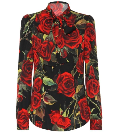 Shop Dolce & Gabbana Rose-printed Stretch Silk Shirt In Black