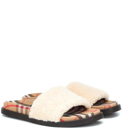 Shop Burberry Shearling And Vintage Check Sandals In White