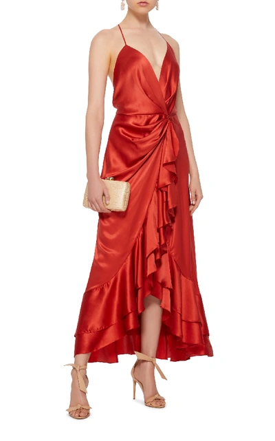 Shop Johanna Ortiz Perfumero Draped Silk-charmeuse Dress In Red