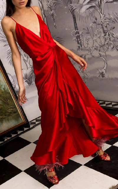 Shop Johanna Ortiz Perfumero Draped Silk-charmeuse Dress In Red