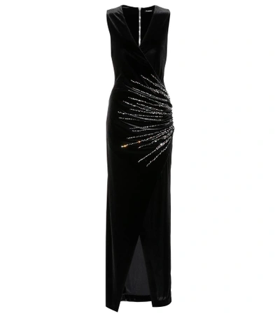 Shop Balmain Embellished Velvet Dress In Black