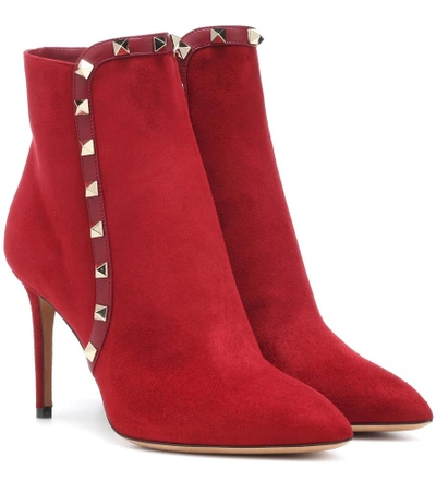 Shop Valentino Rockstud Suede Ankle Boots In Red
