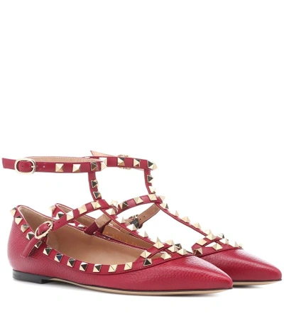 Shop Valentino Rockstud Leather Ballerinas In Red