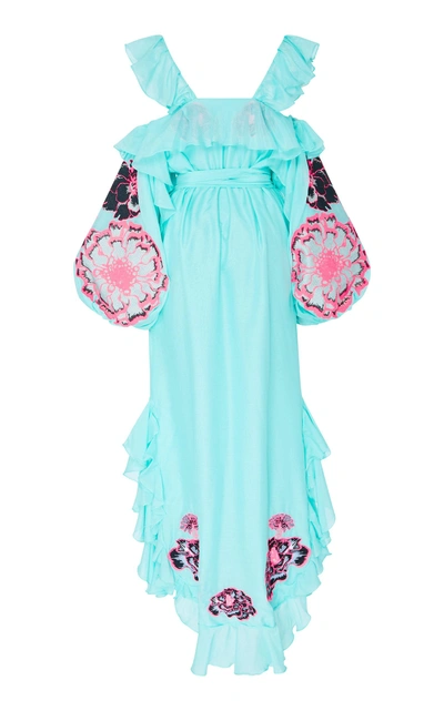 Shop Yuliya Magdych Marigold Embroidered Ruffle Cotton Dress In Blue