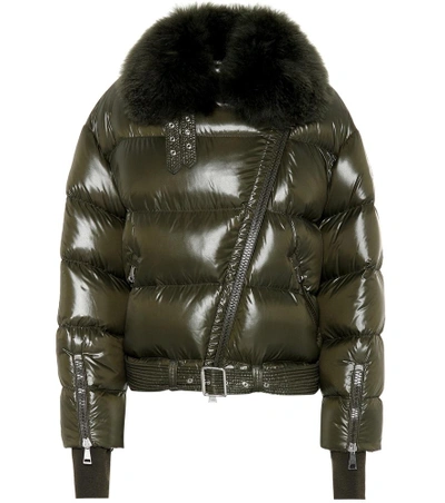 Shop Moncler Foulque Fur-trimmed Down Jacket In Green
