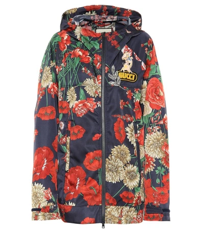 Gucci Zip-front Hooded Spring Floral-bouquet Print Nylon Jacket W/ Logo Patch In Multicoloured