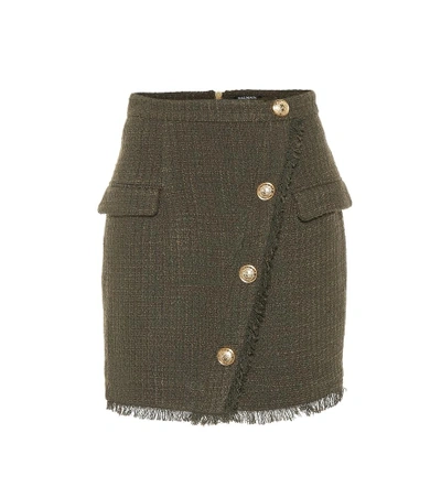 Shop Balmain Tweed Miniskirt In Green