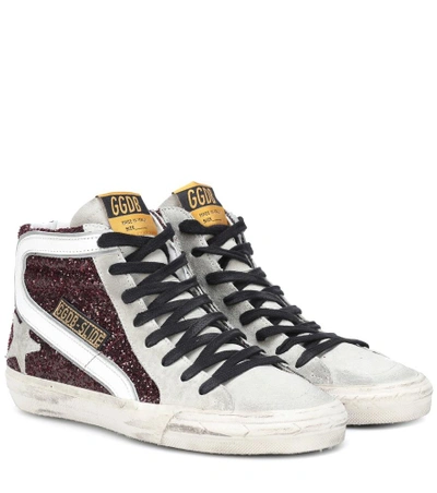 Shop Golden Goose Slide Glitter And Leather-trimmed Sneakers In Purple