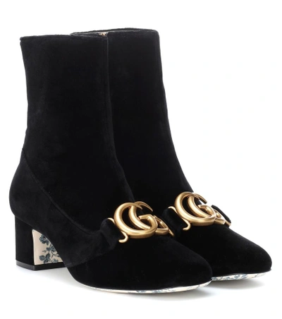 Shop Gucci Embellished Velvet Ankle Boots In Black