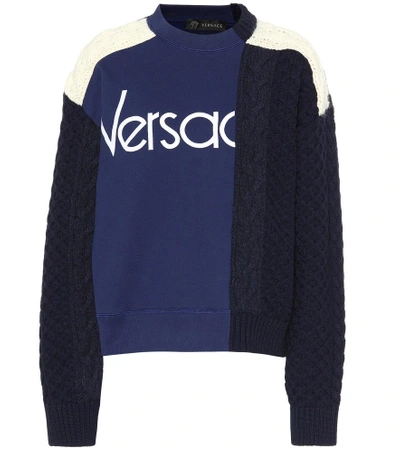 Shop Versace Patchwork Wool And Cotton Sweater In Blue