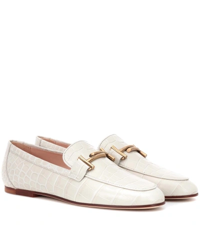 Shop Tod's Double T Embossed Leather Loafers In White