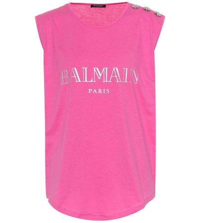 Shop Balmain Printed Cotton Top In Pink