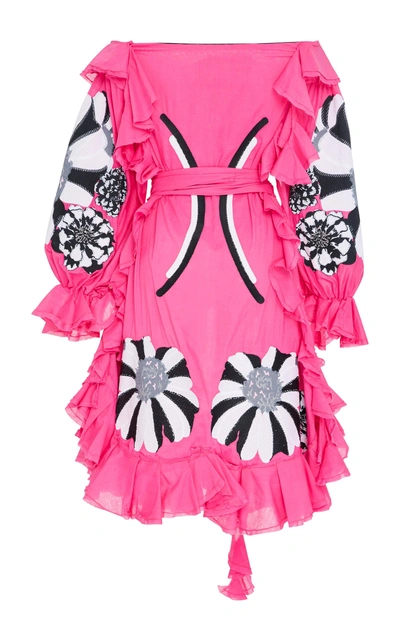 Shop Yuliya Magdych Hypnoze Embroidered Ruffle Cotton Dress In Pink