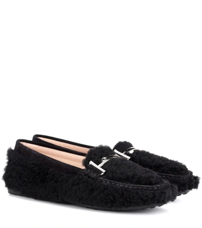 Shop Tod's Double T Shearling Loafers In Black