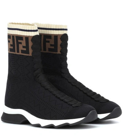 Shop Fendi High-top Stretch Knit Sneakers In Black