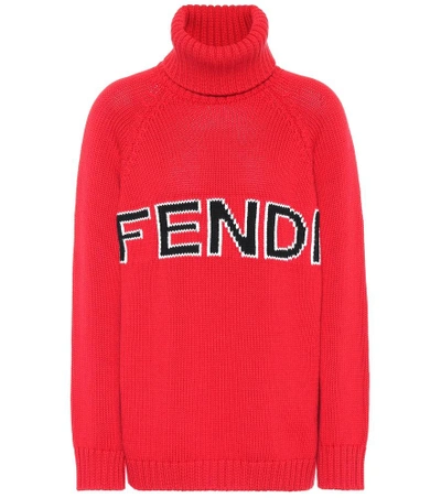 Shop Fendi Logo Wool Turtleneck Sweater In Red