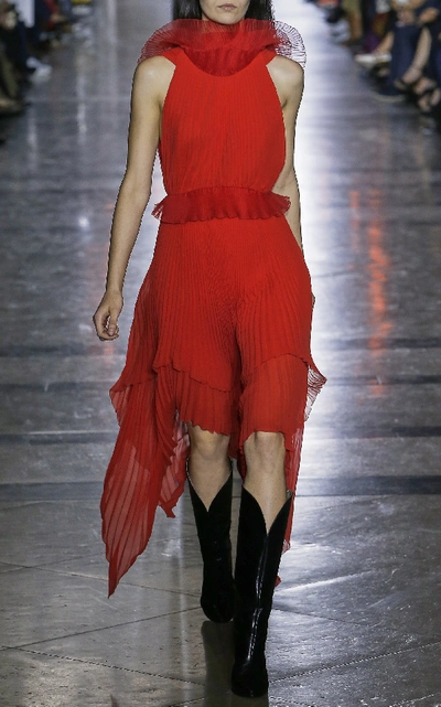 Shop Givenchy Pleated Silk-georgette Midi Dress In Red