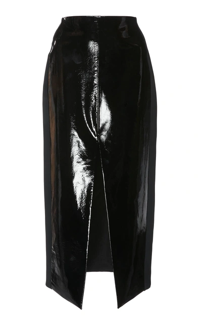 Shop David Koma Front Slit Leather Pencil Skirt In Black