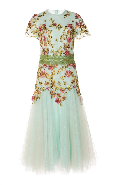 Shop Costarellos Illusion Embroidered Tulle Dress In Green